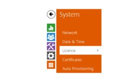 Systemmenü mit den Optionen Netzwerk, Datum & Zeit, Lizenz, Zertifikate und Auto Provisioning, orange hinterlegt.