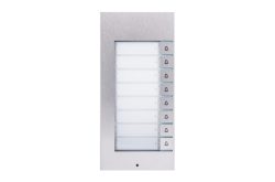 Eine silberne Türklingelplatte mit acht horizontalen Drucktasten, jede mit einem Glockensymbol gekennzeichnet.