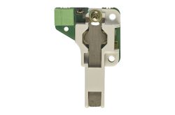 Ein elektrischer Kontakt mit einer grünen und weißen Halterung und einer Schraubbefestigung.