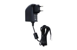 Schwarzes Netzteil mit Eurostecker und langem Kabel, das in zwei blanken Drähten endet.