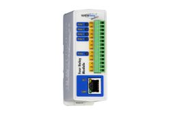 Ein Modul mit vier Relais, bezeichnet als "WEBRelay Quad™". Es hat Anschlüsse für vier Relais mit LED-Statusanzeigen und Ethernet-Port auf der Vorderseite.