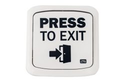 Eine weiße Wandplatte mit der Aufschrift "PRESS TO EXIT" und einem Pfeilsymbol, das auf eine Tür zeigt.