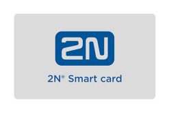 2N Smartcard mit blauem Logo und Schrift auf grauem Hintergrund.