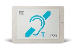 Ein Induktionsschleifensymbol auf einer rechteckigen Platte mit der Aufschrift "2N" und "induction LOOP".