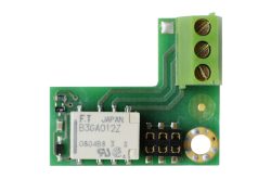 Elektronische Platine mit grüner Lötseite, weißen und schwarzen Komponenten, einer grünen Anschlussklemme und goldfarbenen Kontakten.