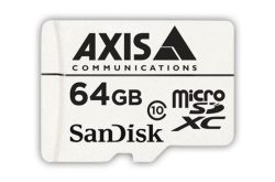 SanDisk MicroSDXC-Karte mit 64 GB Speicherkapazität und Axis Communications-Logo.
