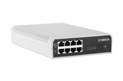 Ein weißer Netzwerk-Switch mit acht Ethernet-Ports auf der Vorderseite, von der Marke Bosch.