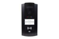 Intercom-System in Schwarz mit Kamera, zwei beleuchteten Tasten für "Reception" und "Office" und RFID-Symbol.