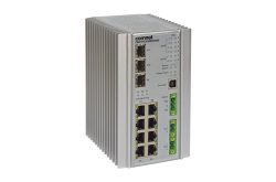 Industrie-Ethernet-Switch mit mehreren Ports und LEDs auf der Vorderseite, Marke Comnet.