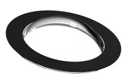 Ein kreisförmiges, gewölbtes Glaselement mit einem schwarzen Rand.