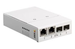 Ein weißes Netzwerkgerät mit zwei Ethernet-Ports und zwei zusätzlichen Anschlüssen. Links befinden sich LED-Anzeigen für Statusinformationen.