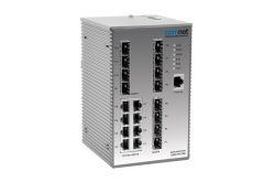 Industrieller Netzwerk-Switch von ComNet mit mehreren Ethernet-Anschlüssen und Status-LEDs auf der Vorderseite.