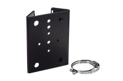 Schwarze Metallhalterung mit mehreren Löchern und einem separaten silbernen Spannband.