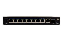 Ein Netzwerk-Switch mit acht Ethernet-Ports und einem Glasfaseranschluss.