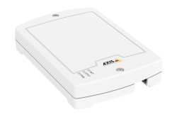 Ein rechteckiges, weißes Gerät von Axis Communications mit LED-Anzeigen für "NET", "STAT" und "PWR".