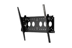 Eine schwarze, neigbare TV-Wandhalterung mit ovalen Ausschnitten und langen vertikalen Schienen.