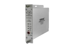 Ein grauer Video-Transmitter mit der Aufschrift "comnet" und Anzeigen für verschiedene Verbindungen und den Betriebsstatus.
