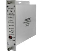 Silberner Video-Transmitter von ComNet mit Anschlüssen und LED-Anzeigen für Ethernet und Datenübertragung.