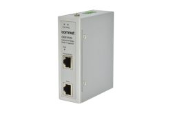 Ein industrieller Gigabit PoE++ Injektor von Comnet, Modell Cnge1IPS95, mit zwei Ethernet-Anschlüssen und Kontrollleuchten.