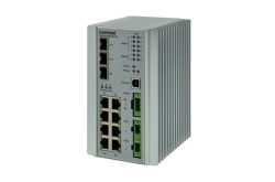 Industrieller Ethernet-Switch mit mehreren Anschlüssen und Kontrollleuchten.