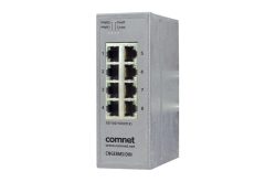 Ein grauer Netzwerk-Switch von Comnet mit acht Ethernet-Ports, Modell CNGE8MS/DIN.
