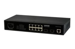 Schwarzer Netzwerk-Switch mit mehreren Ethernet- und SFP-Ports auf der Vorderseite.