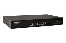 Ein schwarzer Netzwerk-Switch von Comnet mit mehreren Ethernet-Ports auf der Vorderseite.