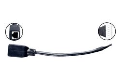 Ein schwarzes Kabel mit zwei Steckverbindern, einem RJ45-Anschluss und einem weißen Buchsenstecker.