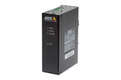 Ein schwarzer Axis Communications Adapter mit Beschriftung für PWR 1, PWR 2, Alarm und PoE, stehend vor weißem Hintergrund.