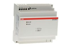 Ein weißes elektrisches Gerät von ABB mit einem roten Streifen, mehreren Anschlussklemmen und den Bezeichnungen DC LOW und DC ON.