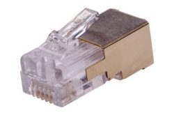 RJ45-Stecker, teilweise aus transparentem Kunststoff und Metall.