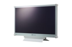 Ein silberner Neovo-Computerbildschirm mit schwarzem Display auf einem silbernen Standfuß.