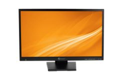 Ein Computerbildschirm mit schwarzem Rahmen und einem orangefarbenen Hintergrundbild mit wellenförmigen Linien.