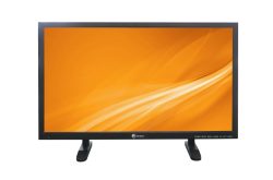 Ein schwarzer Monitor mit orangem Bildschirmhintergrund und weißem Logo von Eneo unten mittig.