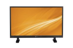 Ein Computerbildschirm mit schwarzem Rahmen und orangefarbenem Hintergrund, auf einem Ständer montiert.
