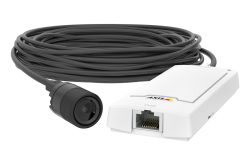 Kompakte Überwachungskamera mit langem Verbindungskabel und weißem Gehäuse mit Ethernet-Anschluss, geeignet für PoE-Technologie.