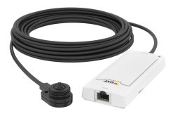 Ein kompakter Sensor mit langem Kabel verbunden mit einem rechteckigen, weißen Gerät mit Netzwerkanschluss.