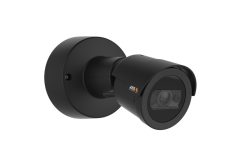 Eine schwarze Überwachungskamera mit zylindrischer Form, montiert an einer Wandhalterung.