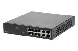 Ein Netzwerk-Switch-Gehäuse von Axis mit mehreren Ethernet-Ports, Lüftungsschlitzen an der Seite und LED-Anzeigen auf der Vorderseite.