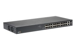 Ein schwarzer Netzwerk-Switch mit mehreren Ethernet-Anschlüssen auf der Vorderseite.
