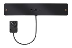 Eine schwarze Wisenet-Kamera mit rechteckigem Modul und angeschlossenem Kameramodul über ein Kabel.