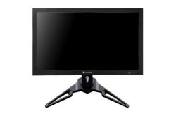 Ein schwarzer Desktop-Monitor von Neovo mit rechteckigem Bildschirm und futuristischem Standfuß.