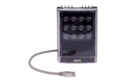 Ein rechteckiges elektronisches Gerät von Axis Communications mit einem Ethernet-Kabel.