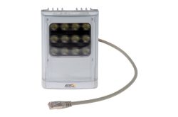 Ein rechteckiger LED-Strahler von Axis Communications mit Ethernet-Kabel.