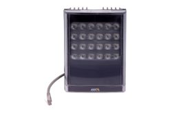 Ein schwarzer Sicherheitsinfrarotstrahler mit mehreren Linsen und einem Kabel, gekennzeichnet mit "AXIS".