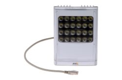 Ein weißes, rechteckiges Überwachungsgerät mit mehreren Linsen in einem Gittermuster und einem angeschlossenen Ethernet-Kabel.