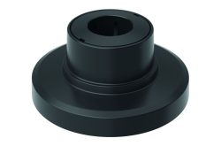 Schwarzes zylindrisches Bauteil mit breitem Sockel und vertikaler Öffnung oben.