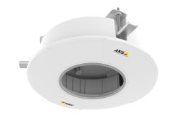Einbaurahmen von Axis Communications in Weiß mit rundem Gehäuse und sichtbarem Innenring.