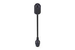 Schwarze, zylindrische Steckerverbindung mit Kabel.