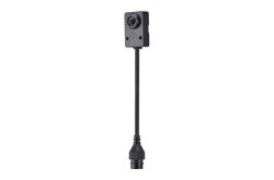 Kompakte schwarze Sicherheitskamera mit verlängertem Kabel und Stecker.